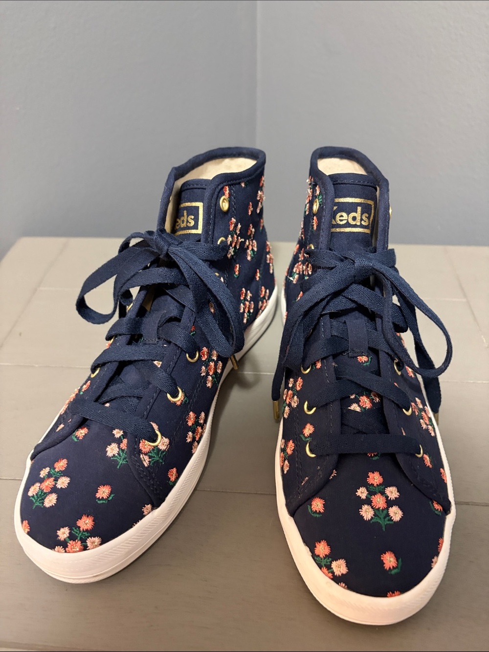 Keds Rifle Paper Posey Kickstart High-Top Sneakers Navy/Pink Flowers Women’s 5.5